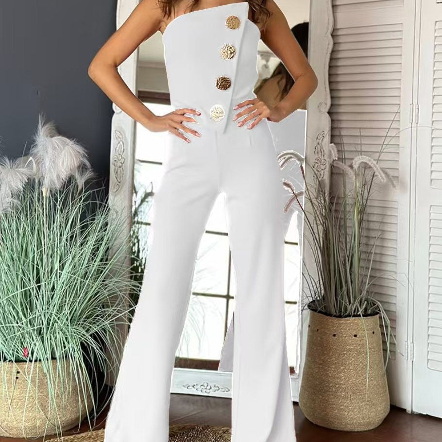 Női overál – Egyvállas – Testhezálló szabású – Széles szárú, lenge nadrág – Gombok