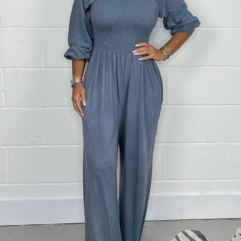 Női overál – Puha pamut – Laza szabású – Széles szárú – Fűzött felső – 3/4-es ujjú