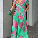 Női overál – V-nyakú – Rövid, puffos ujjú – Lenge, bő szárú