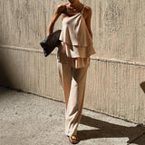 Női kétrészes szett – Aszimmetrikus fodros felső – Hosszú, lenge nadrág