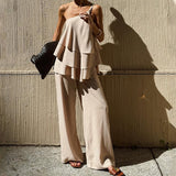 Női kétrészes szett – Aszimmetrikus fodros felső – Hosszú, lenge nadrág