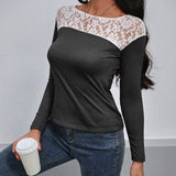 Női hosszú ujjú póló – Testhezálló szabású – Virágmintás csipke – Elegáns kerek nyakú