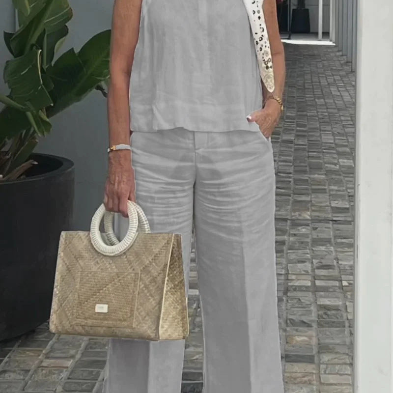 Női ujjatlan szett – Pamutvászon – Laza szabású – Bő szárú nadrág zsebekkel