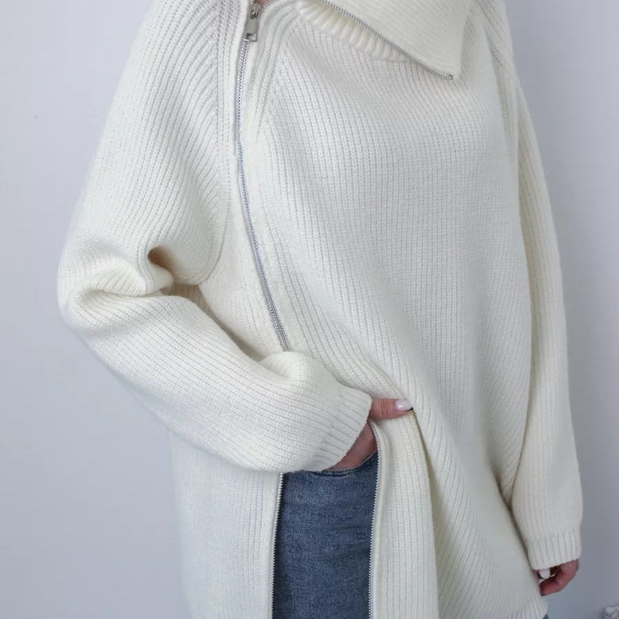 Női kötött pulóver – Túlméretezett szabás – Széles nyak – Aszimmetrikus cipzár