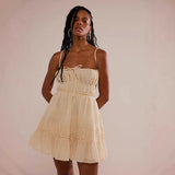 Női mini ruha – vékony pántok – ráncolt felsőrész – fodros – laza fazon