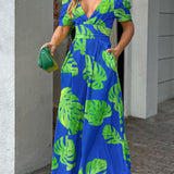 Női overál – V-nyakú – Rövid, puffos ujjú – Lenge, bő szárú