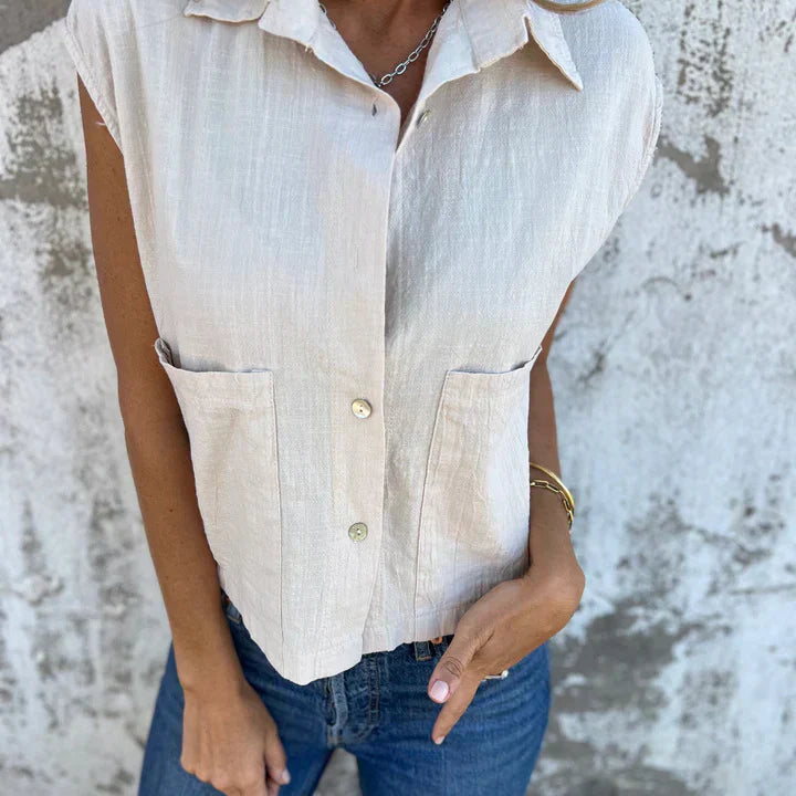 Női ujjatlan felső – Laza szabású – Gombos – Légáteresztő természetes szálakból