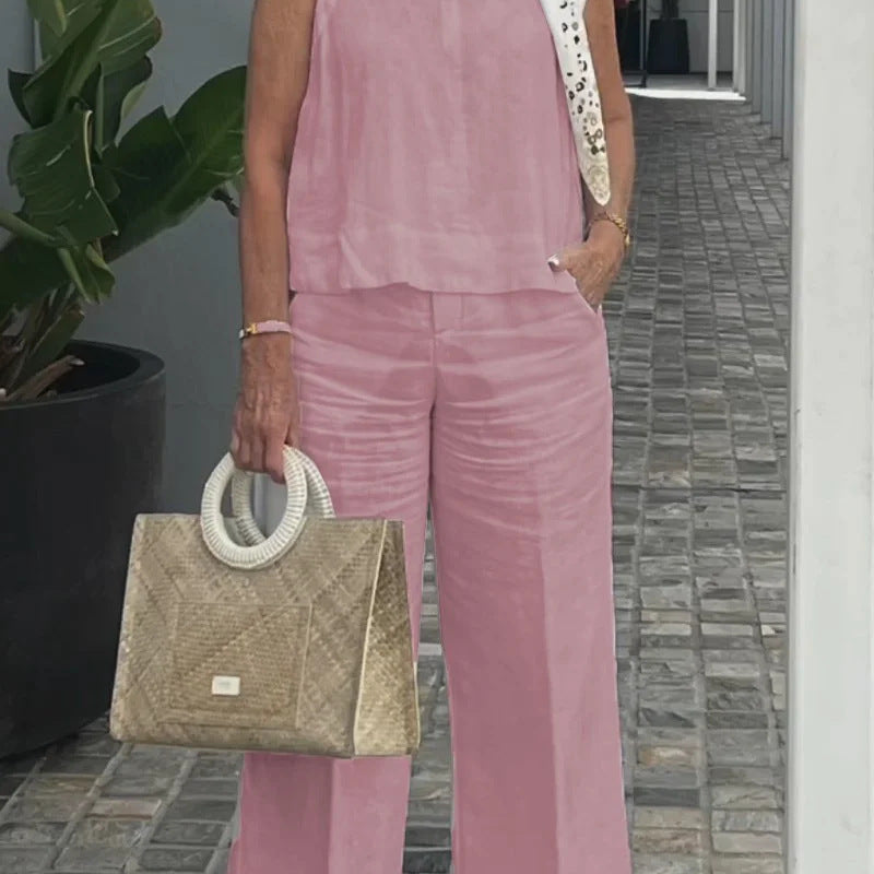 Női ujjatlan szett – Pamutvászon – Laza szabású – Bő szárú nadrág zsebekkel