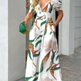 Női overál – V-nyakú – Rövid, puffos ujjú – Lenge, bő szárú