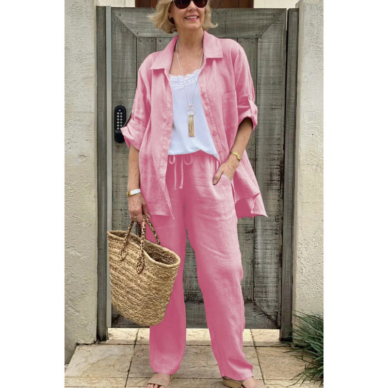 Női ing és nadrág szett – Légáteresztő lenvászon – Laza szabás – Rugalmas derék