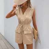 Női overál – V-nyakú – Laza szabású – Húzózsinóros derék – Ujjatlan