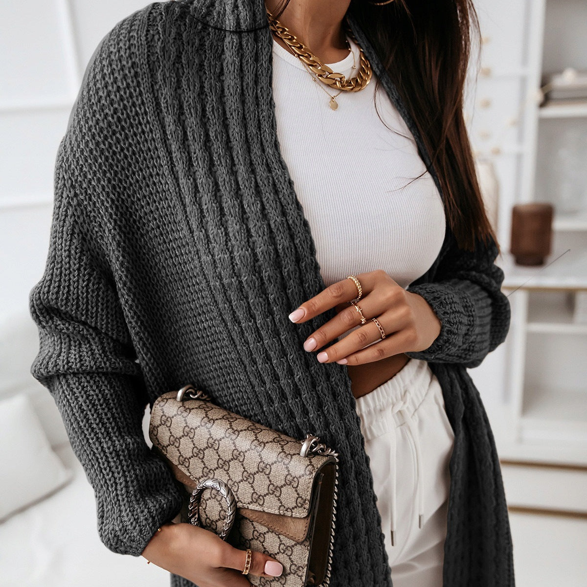 Női hosszú kardigán – Túlméretezett szabás – Texturált kötésű – Nyitott elejű