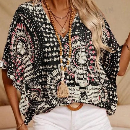 Női V-nyakú felső – Laza szabású – Denevérszárny ujjú – Könnyű mintás anyag