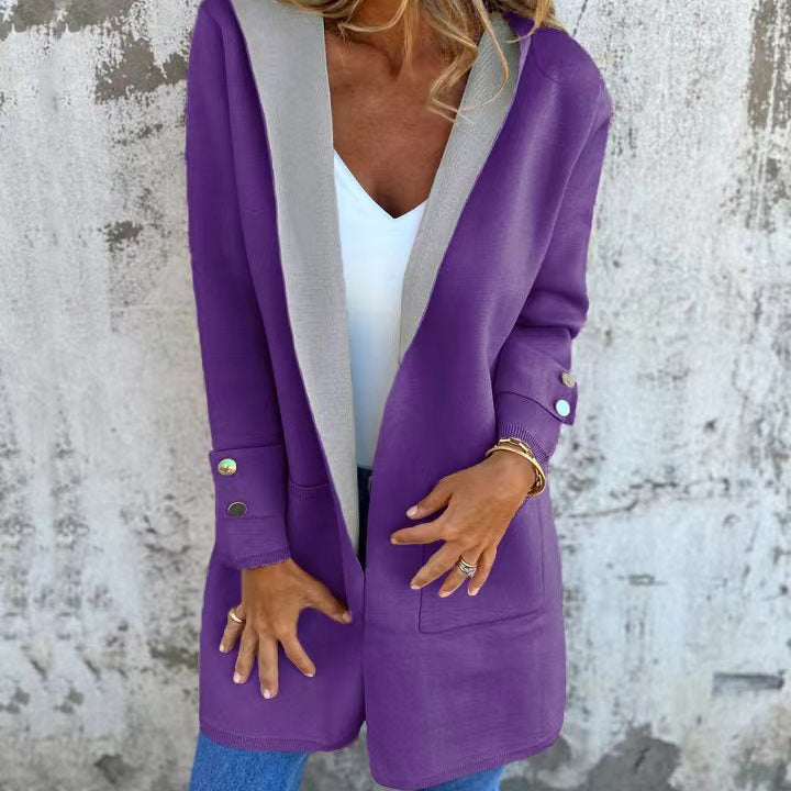 Női kapucnis mellény – puha kötésű – laza szabású – kontrasztos szegélyek