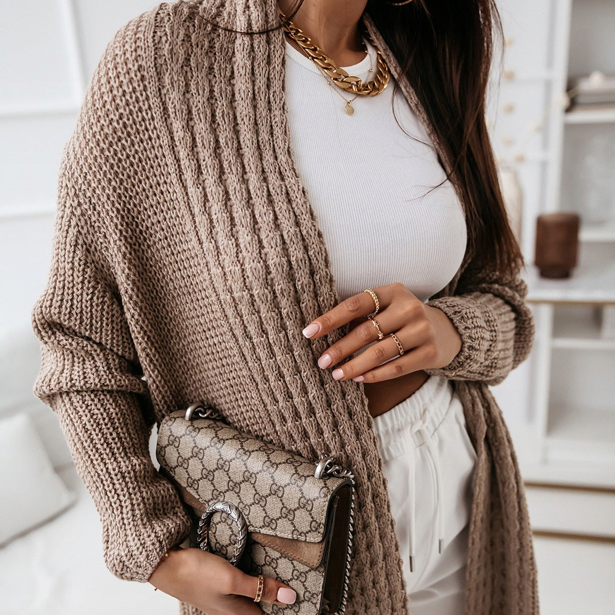 Női hosszú kardigán – Túlméretezett szabás – Texturált kötésű – Nyitott elejű