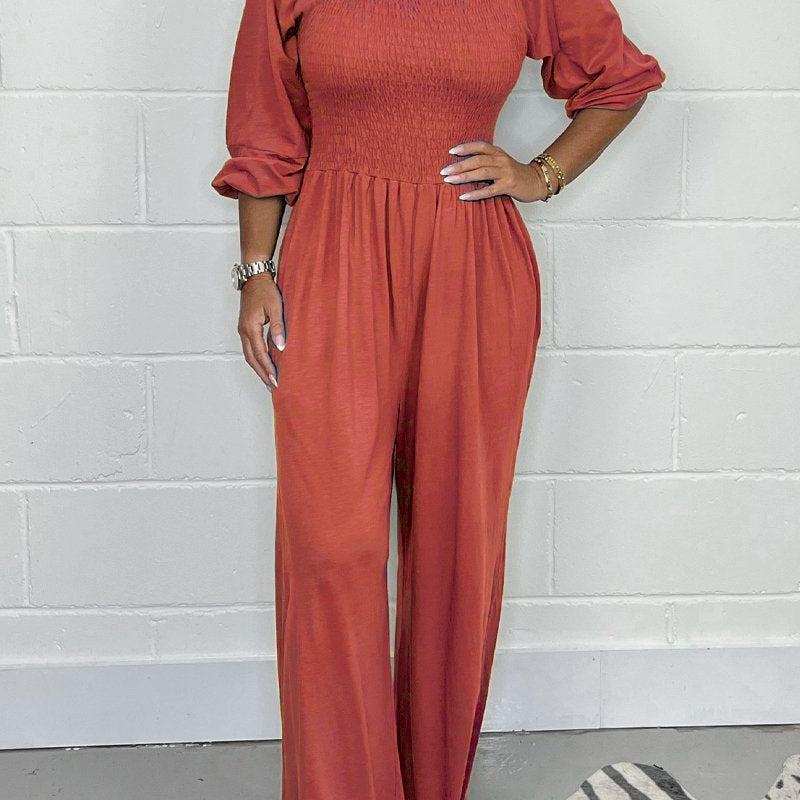 Női overál – Puha pamut – Laza szabású – Széles szárú – Fűzött felső – 3/4-es ujjú