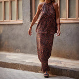 Női kétrészes szett – Lenge, pántnélküli felső – Mintás maxi szoknya