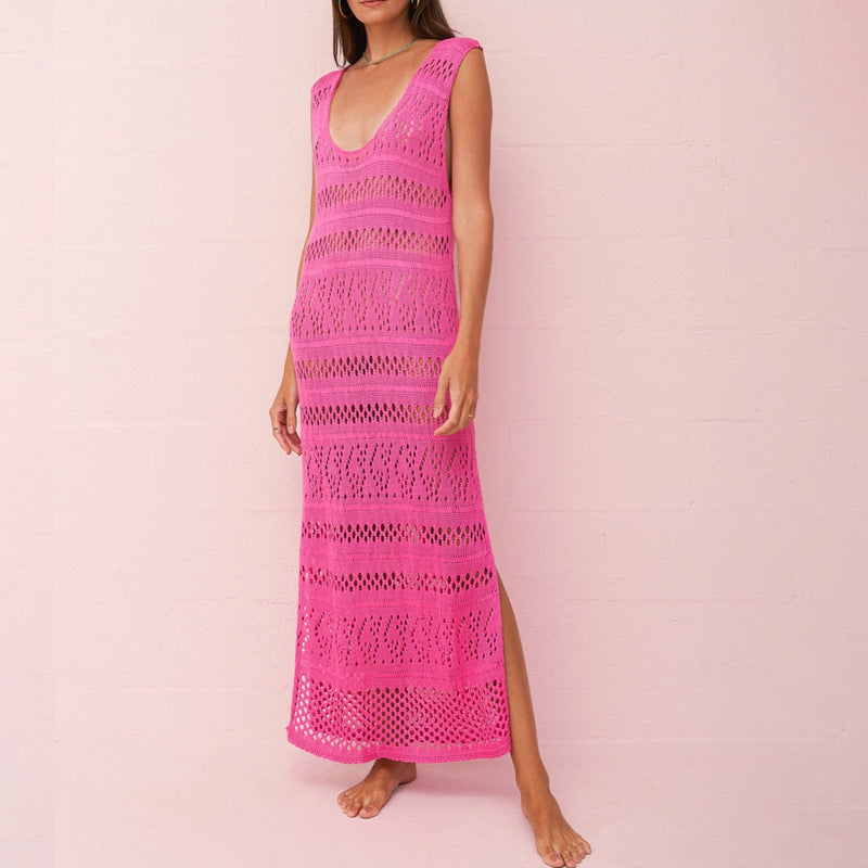 Női kötött ruha – Ujjatlan – Testhezálló szabású – Áttört részletek – Hosszú hasíték