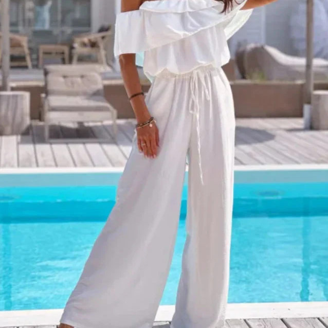 Női overál – Vállak nélküli – Állítható derék – Lenge, széles szárak