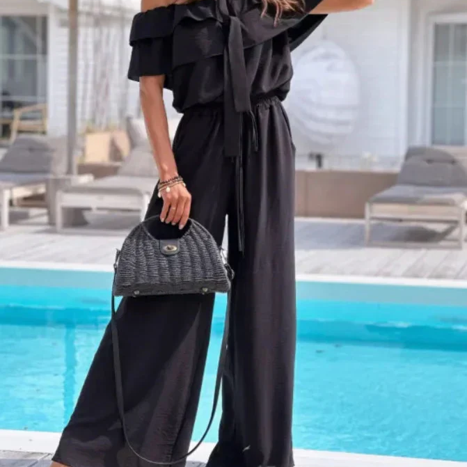 Női overál – Vállak nélküli – Állítható derék – Lenge, széles szárak