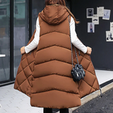 Női hosszú, steppelt kardigán kapucnival – laza szabás – cipzáras zsebekkel