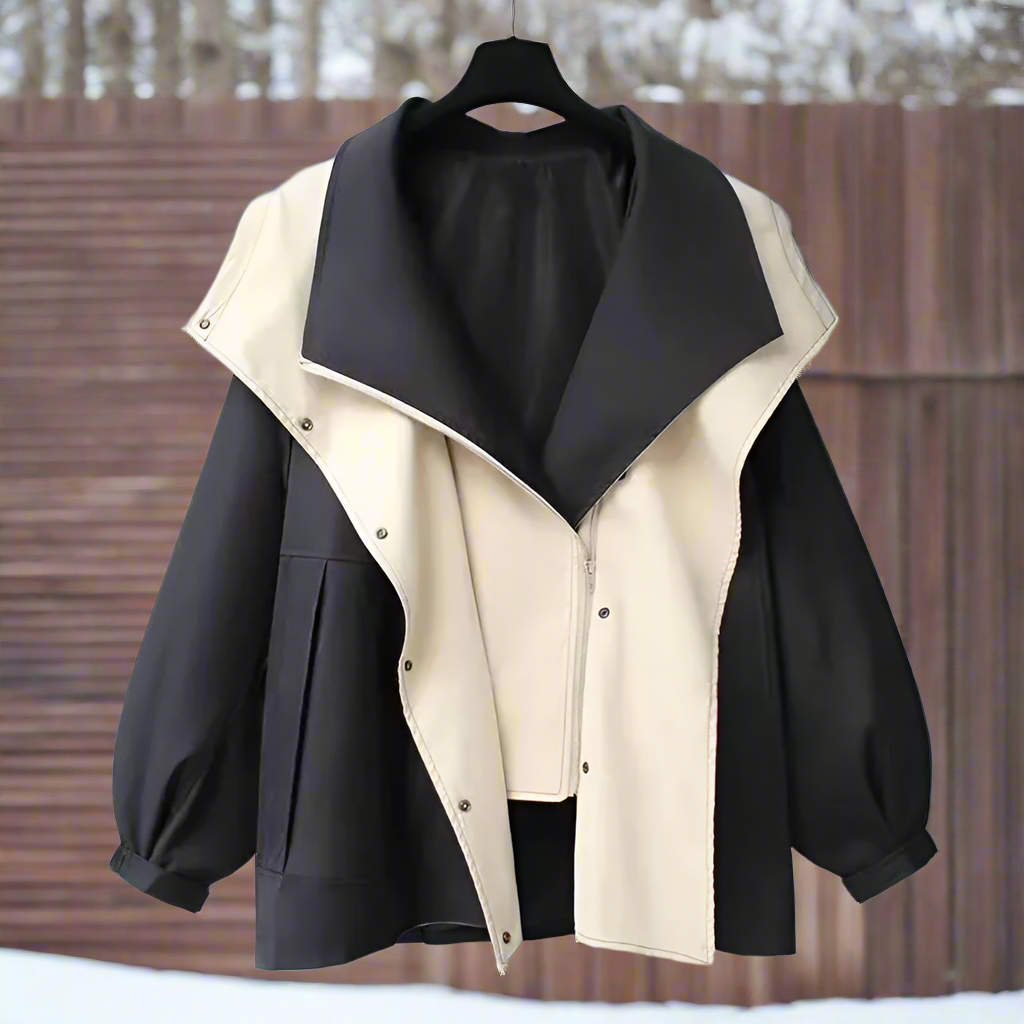 Elegáns, túlméretezett és funkcionális kétszínű női kabát