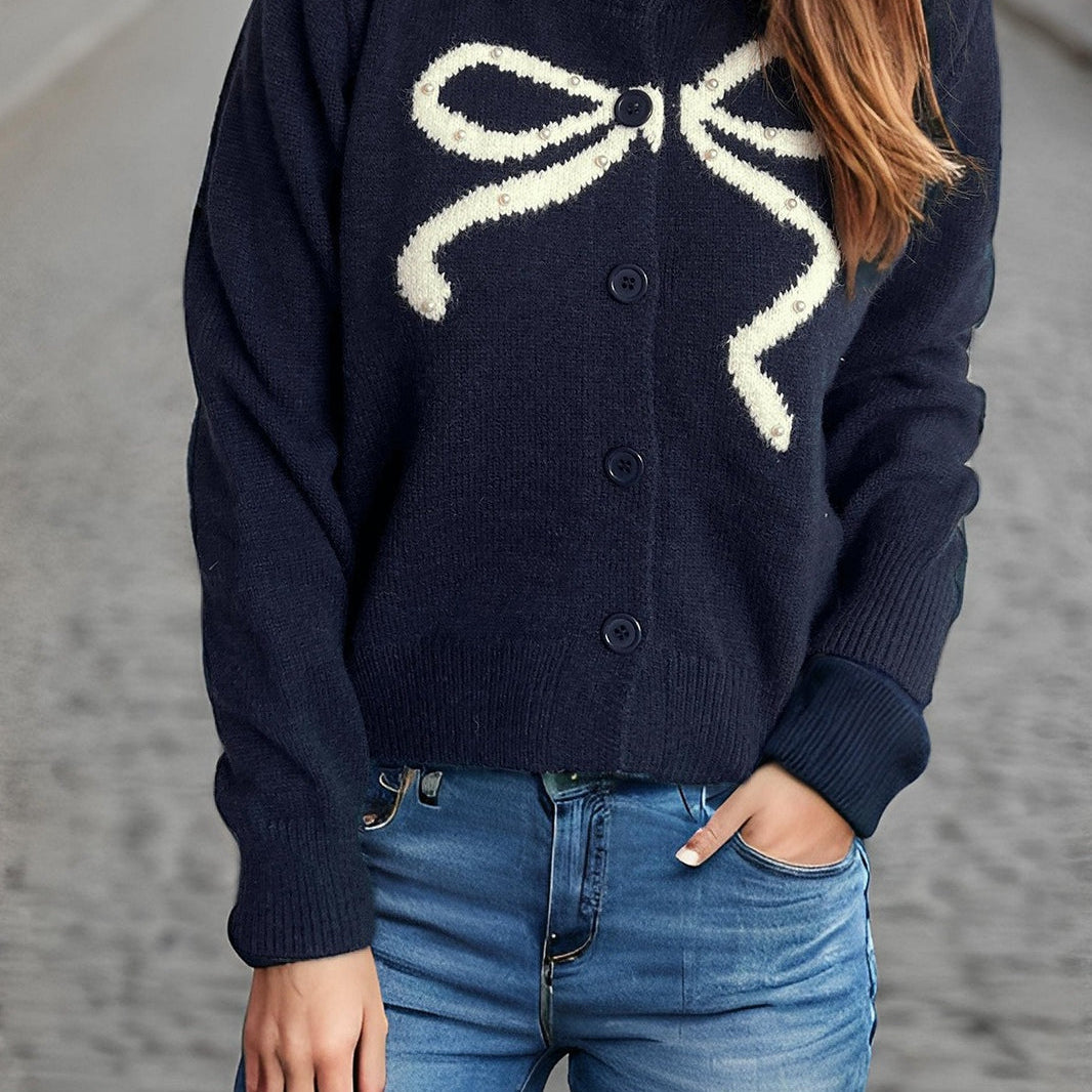 Egyszínű jacquard kerek kardigán csokornyakkendővel