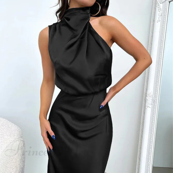 Addison midi ruha rugalmas szaténból, hosszú ujjakkal és bájos