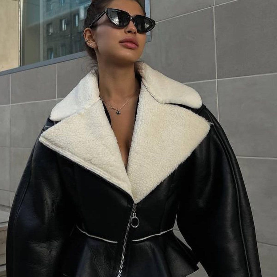 Elegáns bőr- és szőrmekabát eredeti cipzárral