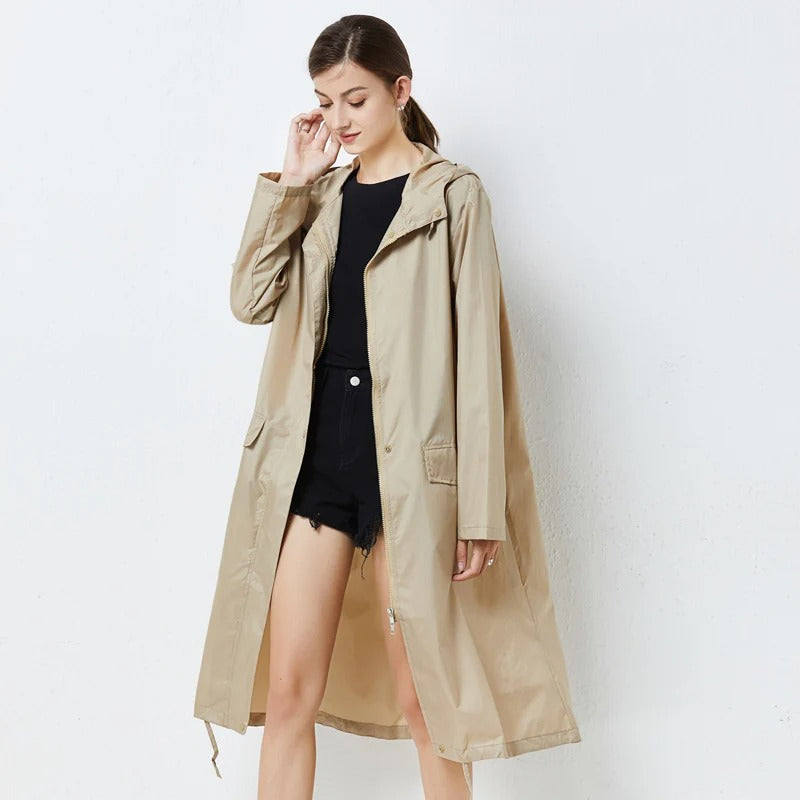 Női vízálló kabát – Egyenes szabású – Hosszú – Kapucni – Zsebfedős