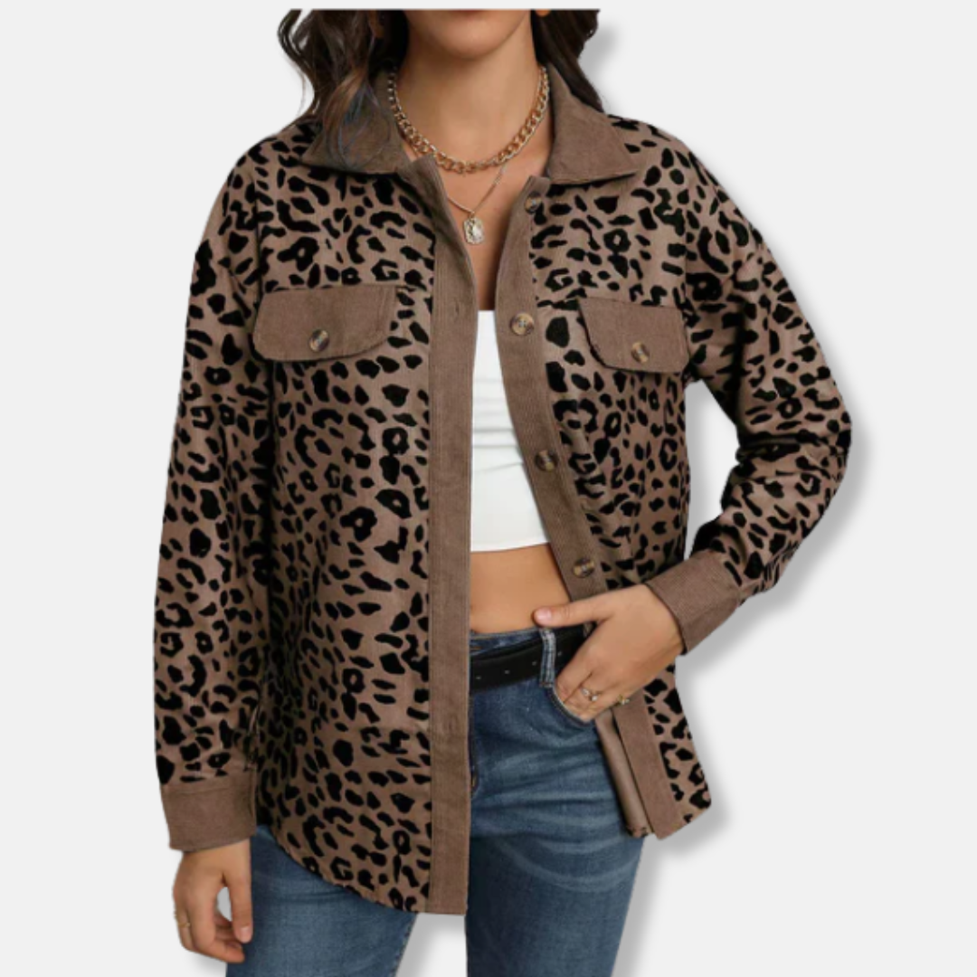 Női ingkabát - Kordbársony - Laza szabású - Hegyes gallérral - Leopárdmintás