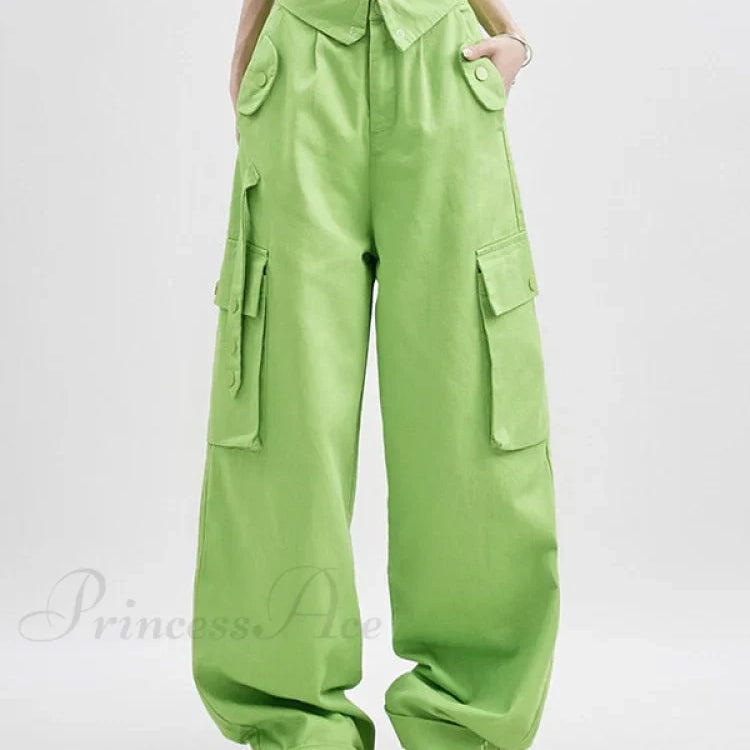 Elegáns és bő szabású, zöld színű, gombos boyfriend farmer