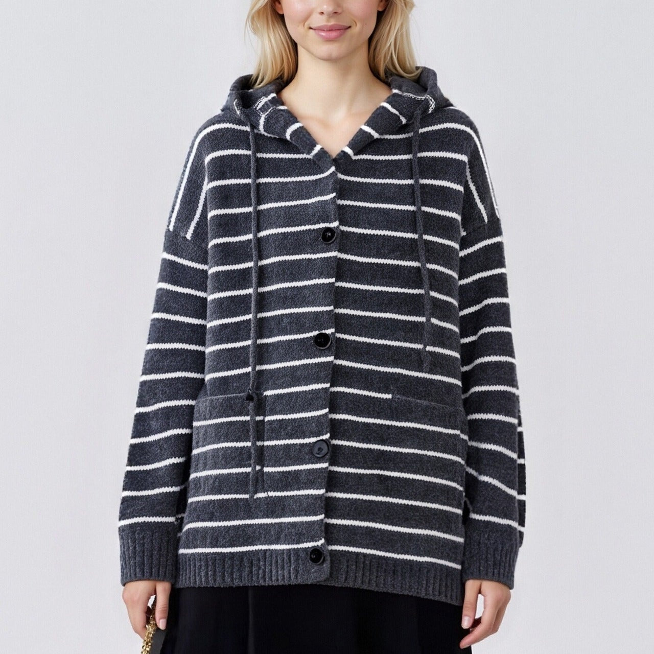 Plus size csíkos kötött kardigán retró kapucnival, húzózsinórral és zsebekkel