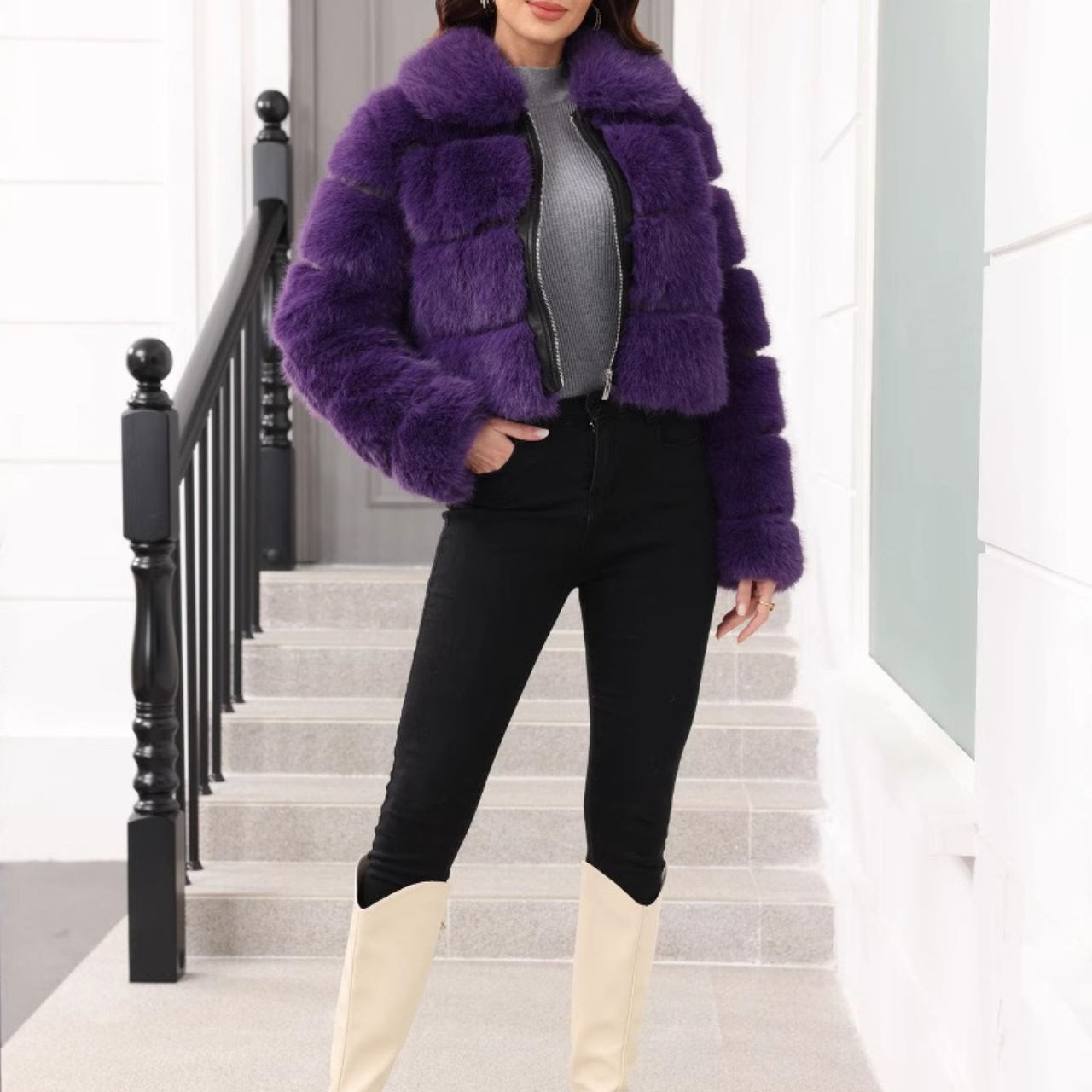 Elegáns rövid kabát klasszikus műszőrméből