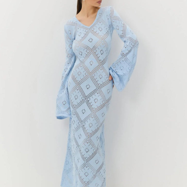 Hosszú ujjú, rombuszmintás jacquard kötésű maxi ruha