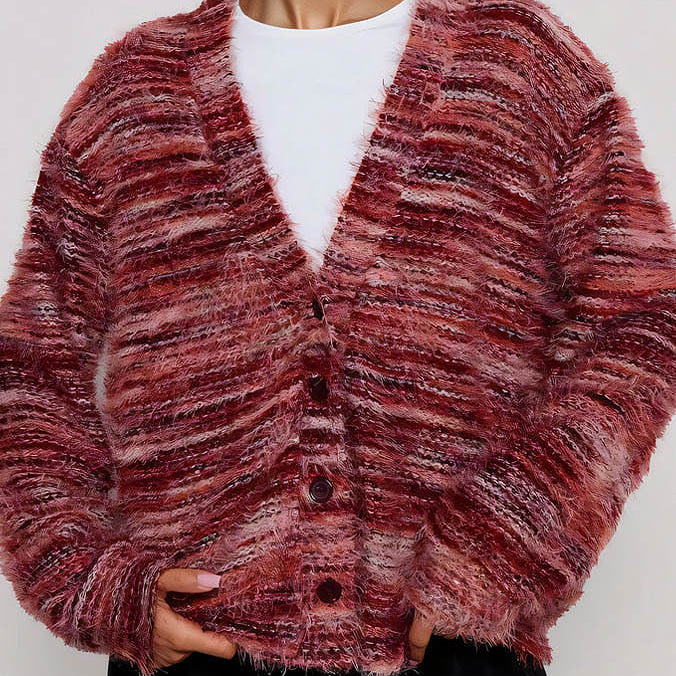 Laza szabású kardigán színes csíkokkal és V-nyakkal