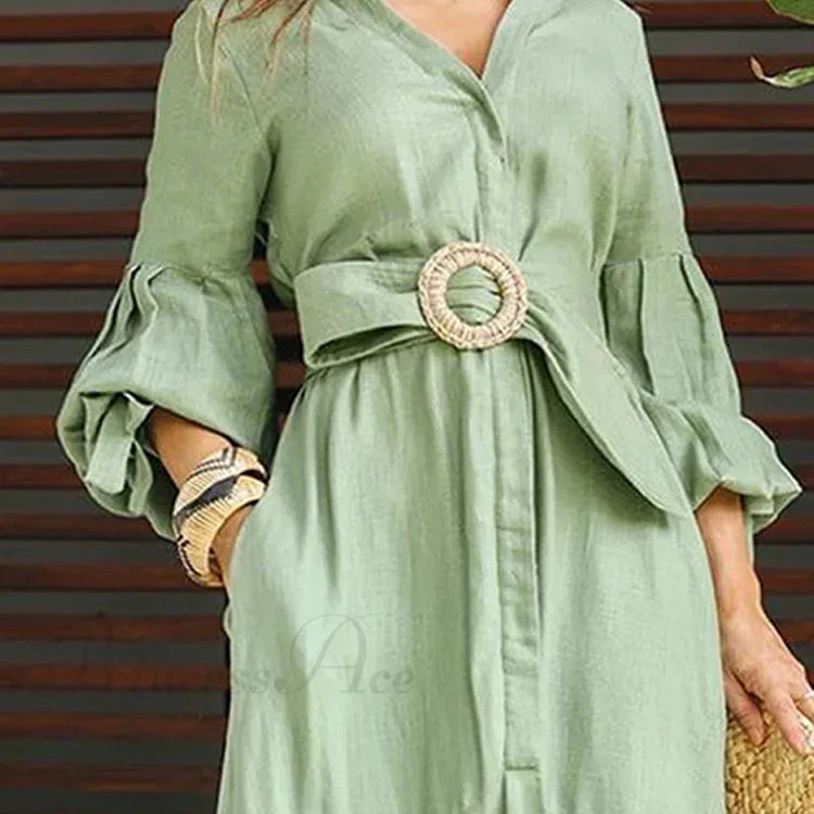 Trendi női fodros ing, lezser V-nyakú, lámpás ujjú, zsebes, hosszú szoknyás, tavaszi utcai midi ruha nőknek