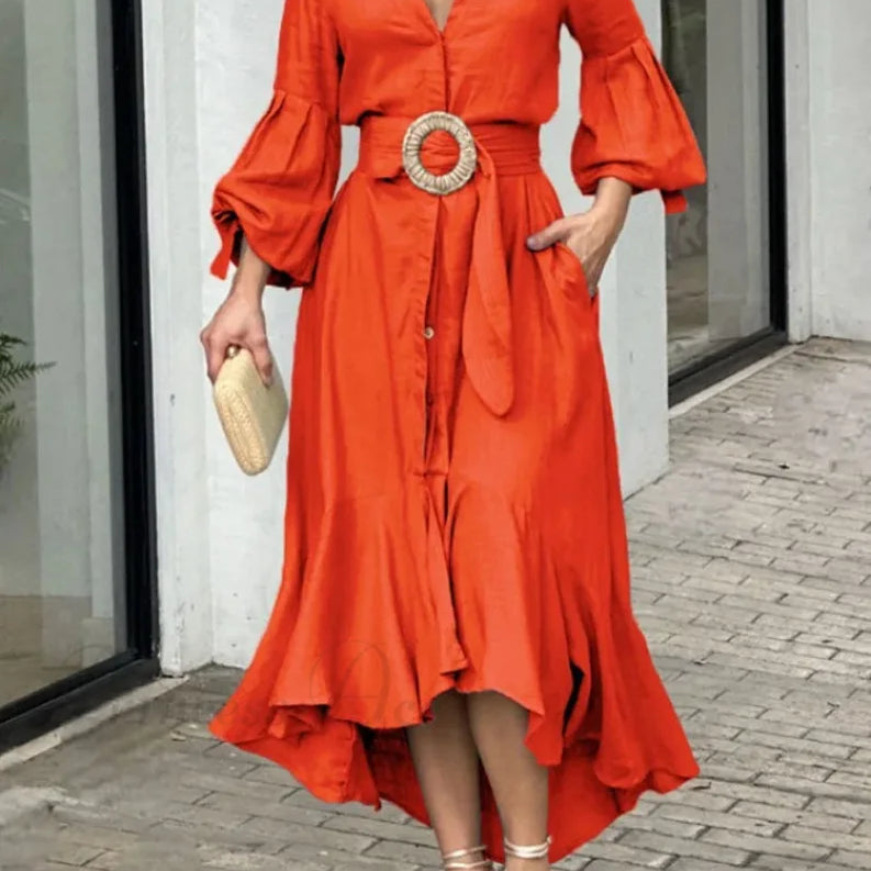 Trendi női fodros ing, lezser V-nyakú, lámpás ujjú, zsebes, hosszú szoknyás, tavaszi utcai midi ruha nőknek