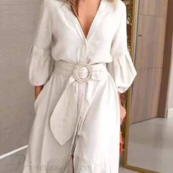 Trendi női fodros ing, lezser V-nyakú, lámpás ujjú, zsebes, hosszú szoknyás, tavaszi utcai midi ruha nőknek