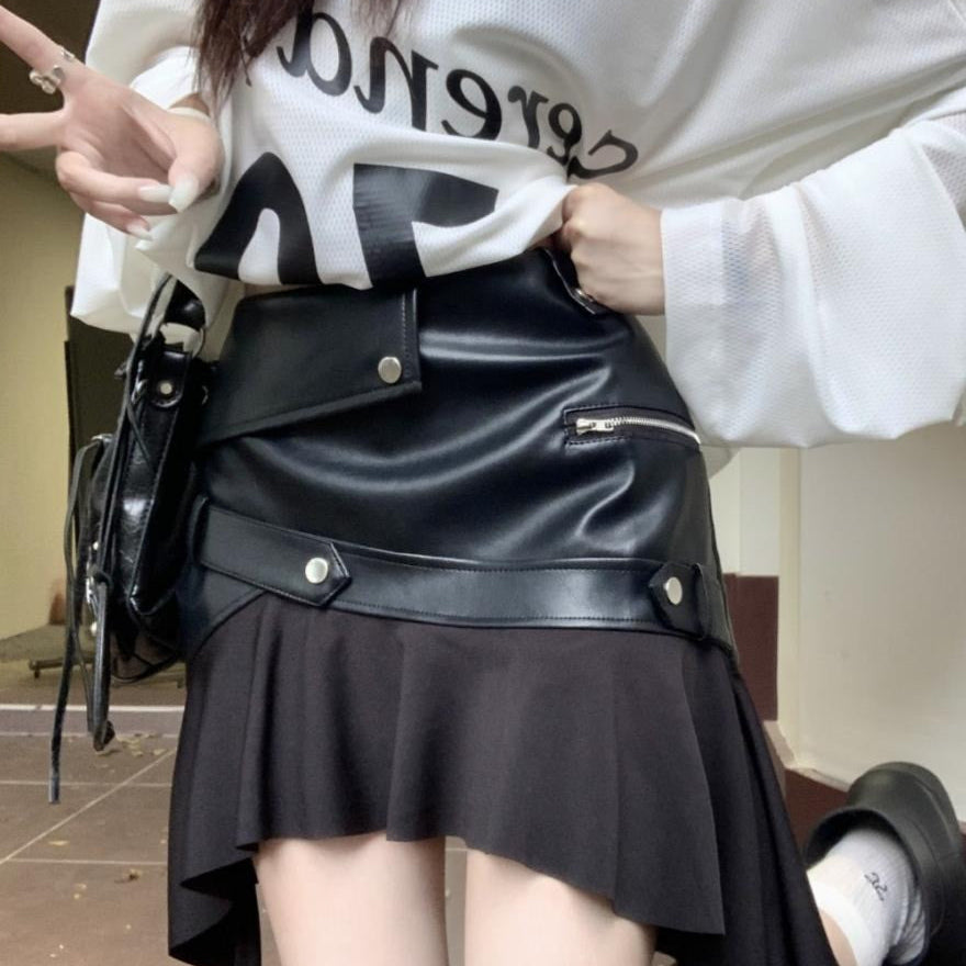 Aszimmetrikus trapéz szoknya fodros PU műbőrből