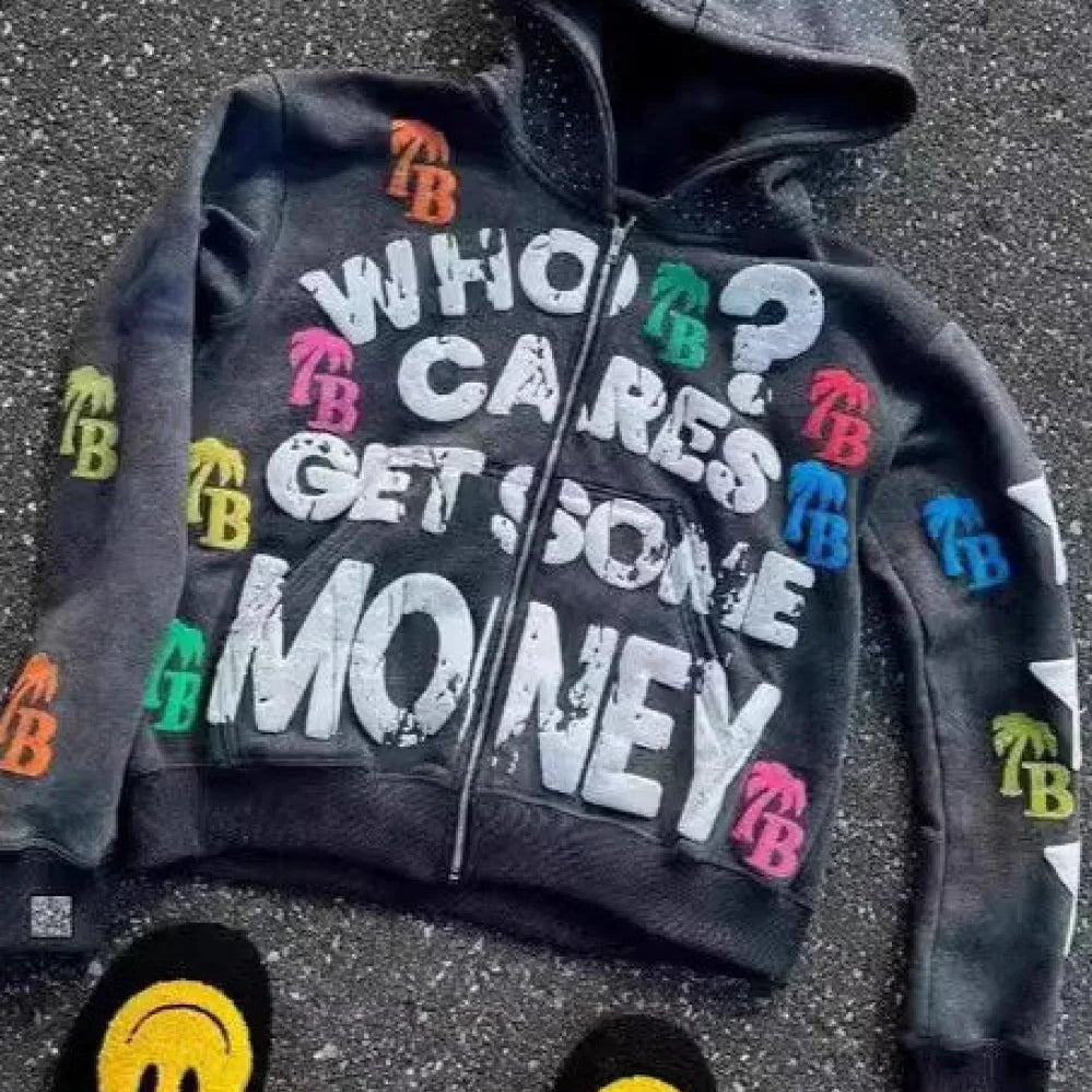 Hip-hop stílusú cipzáras kapucnis pulóver habmintás betűkkel