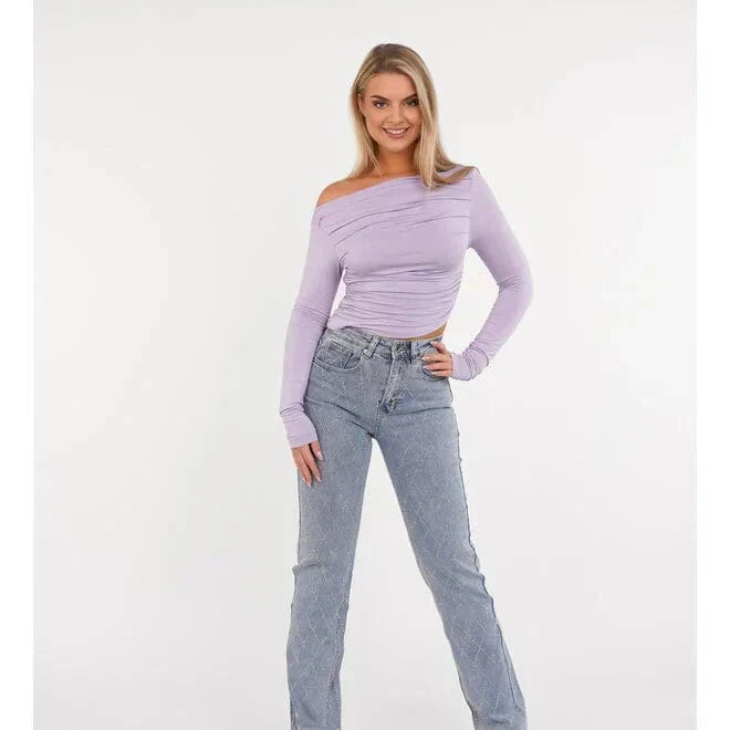 Női Nadrág - Magas Derekú - Széles Szájú - Rombusz Minta Szegecsekkel - Elegáns Stílus