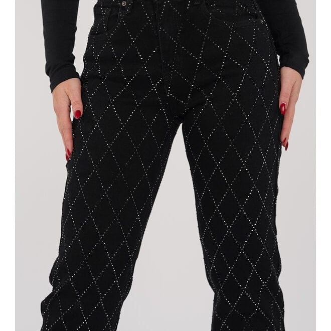 Női Nadrág - Magas Derekú - Széles Szájú - Rombusz Minta Szegecsekkel - Elegáns Stílus