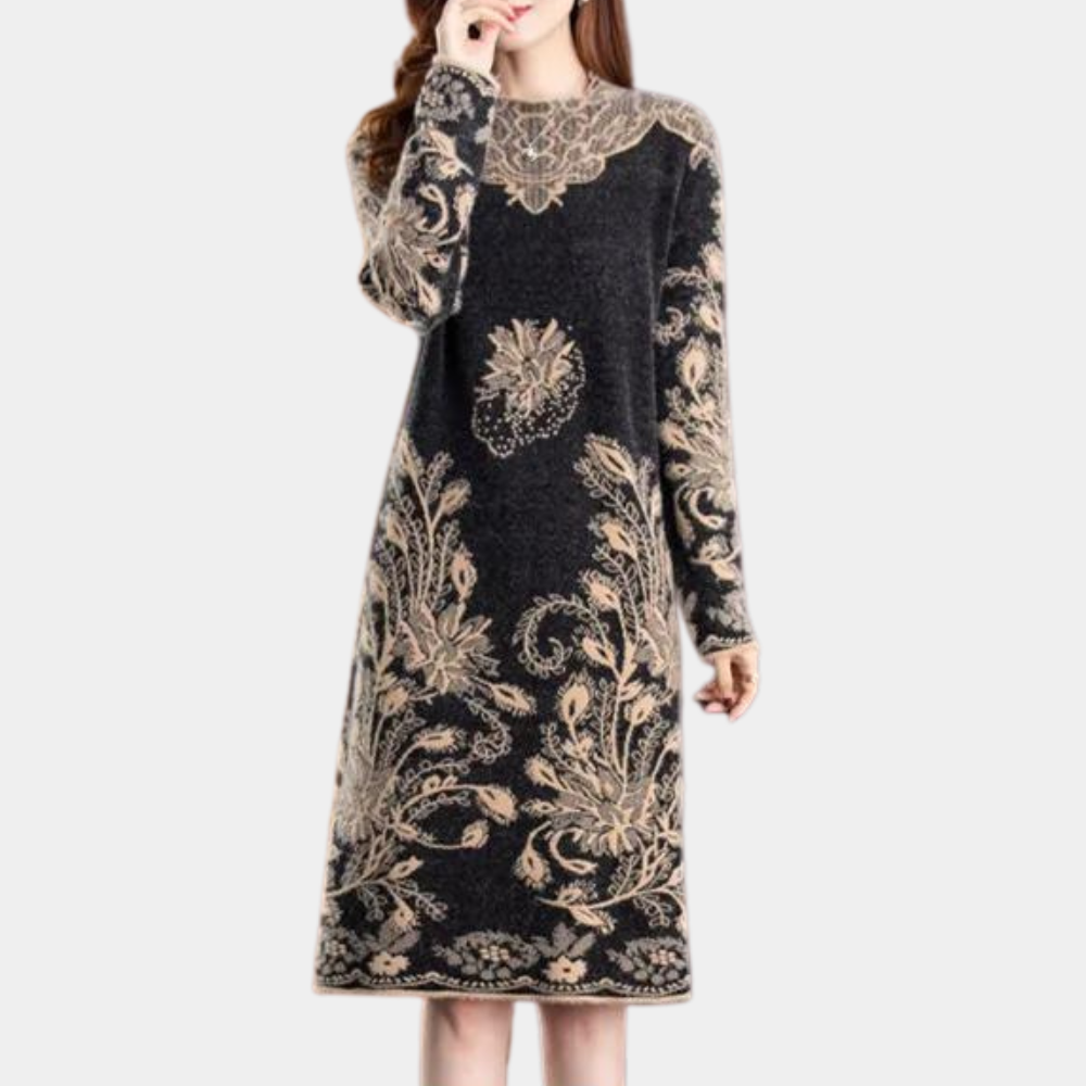 Női pulóverruha - Közepes hosszúságú szabású - Hosszú ujjú - Elegáns virágmintás