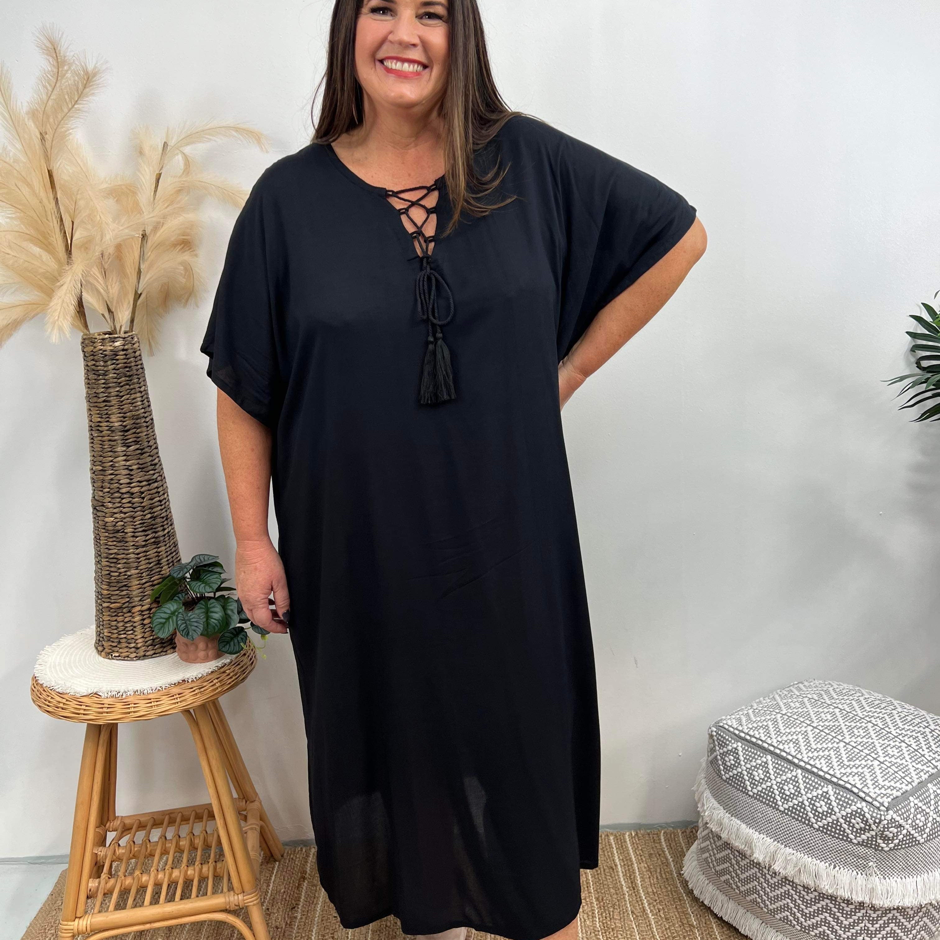 Női kaftán ruha - bő szabású - batikolt minta - fűzős gallér - rövid ujjú