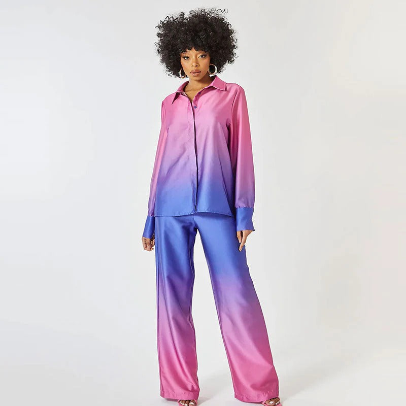 Női overál – Sima szatén – Deréköv – Széles szárak – Hosszú ujjú inggallér