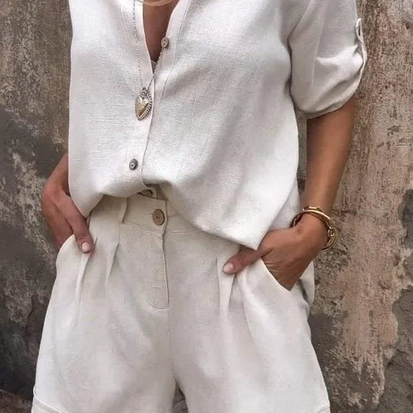 Női blúz – Laza szabású – Len és pamut – Rövid ujjú – Gombos gallér