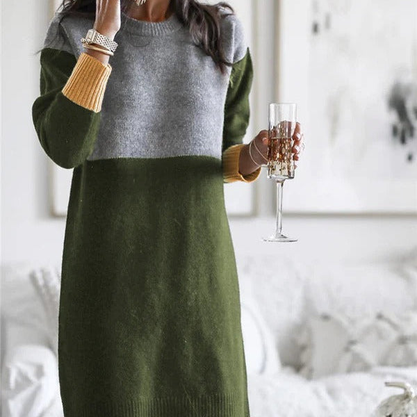 Női kötött ruha – Laza szabású – Gyapjú – Hosszú ujjú – Színblokkos