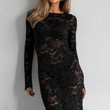 Hosszú ujjú sellő ruha áttetsző jacquard csipkéből