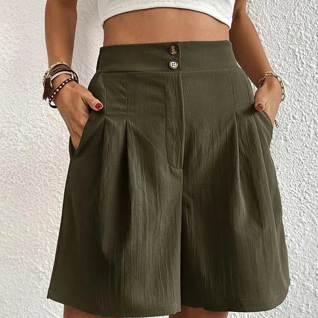 Női magas derekú rövidnadrág - Elegáns szabású - Gombos derékrész - Oldalsó zsebek